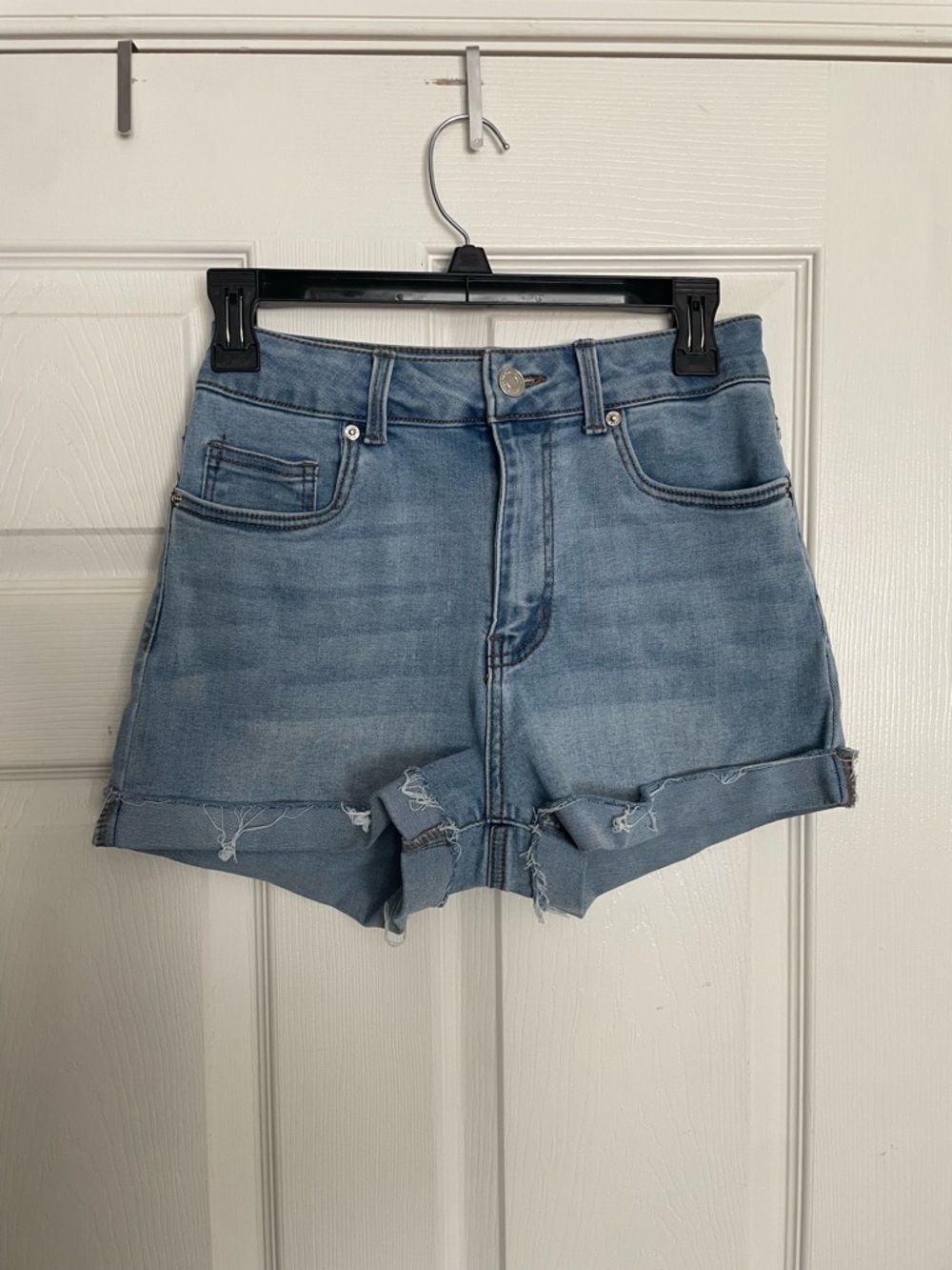Refuge Denim Miami High Rise Light Blue Rolled Hem Distressed Jean Shorts sz 5